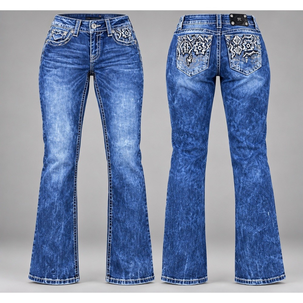 Miss Me Jeans Womens 31x 30 Bootcut tribal embroidered silver stitching Western